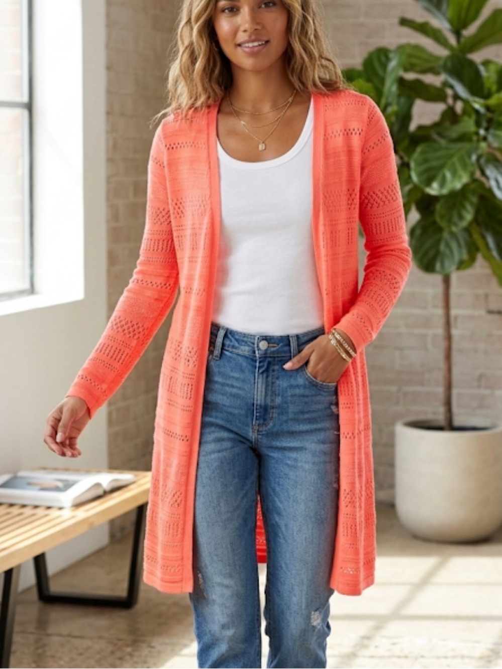 Maurice’s Bohemian Coral Peach Open Front Pointelle Knit Long Cardigan Sweater S